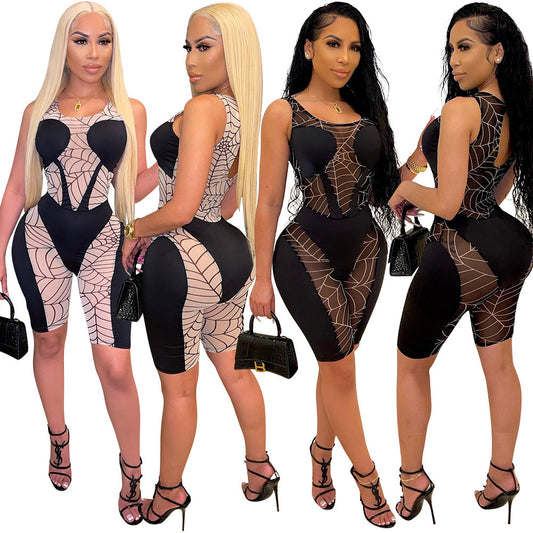 Sheer Transparent Stitched Sleeveless Women's Corset Top Shorts Romper
