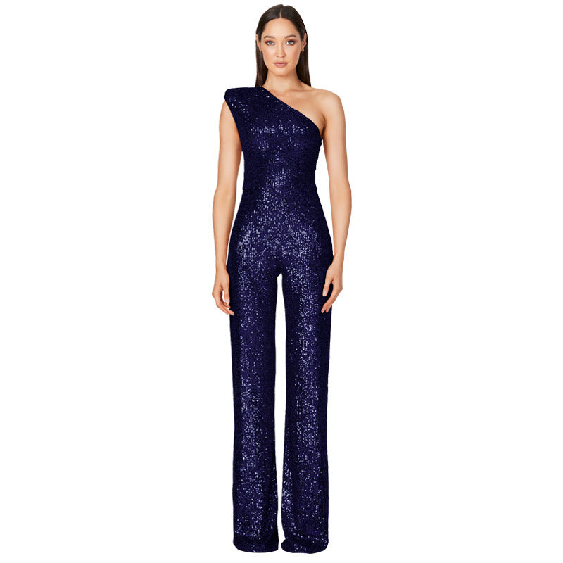 Sequin Sleeveless Sparkling Glitter Asymmetrical One Shoulder Women's Jumpsuit