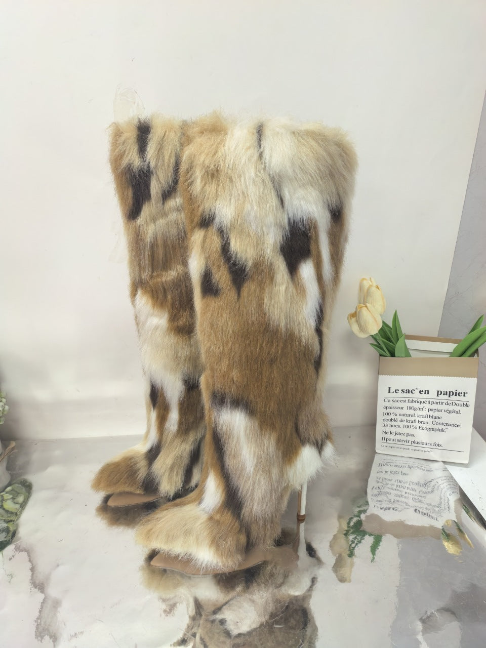Faux Fur Colorblock Brown/White/Black Faux Fur Pattern Stiletto Heel Women's Knee-High Boots