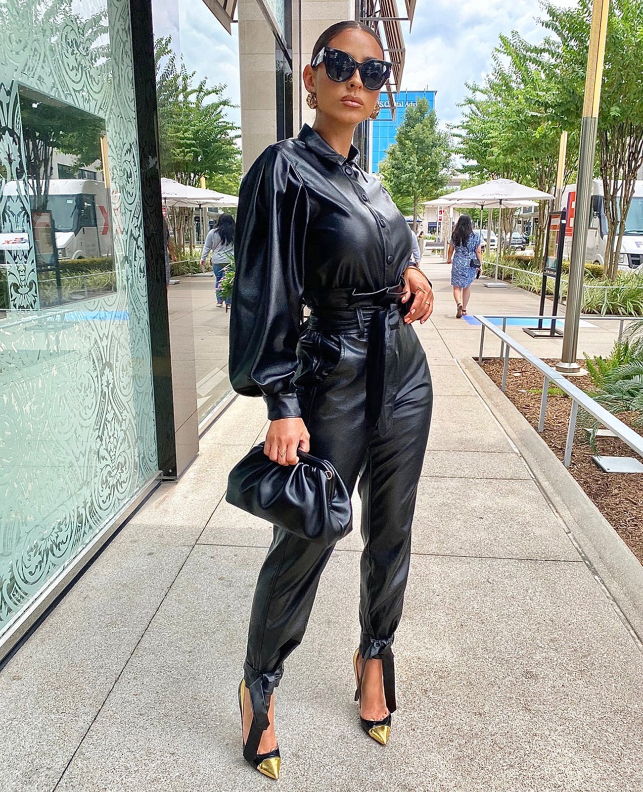 Black PU Leather Turn-Down Collar Long Sleeve Button-Up Women's Blouse + Pants w/ Sash Belt 2-Piece Set