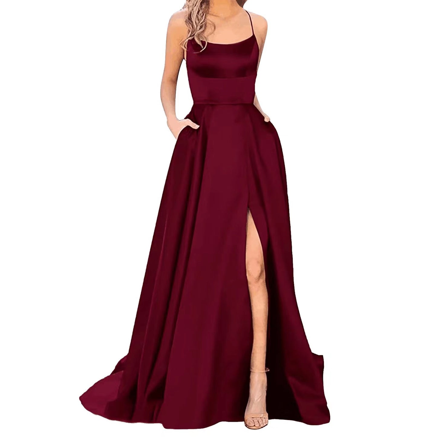 Silk Solid Color Halter Spaghetti Strap High Slit Bridesmaid/Party Formal Dress to 3X Plus Size