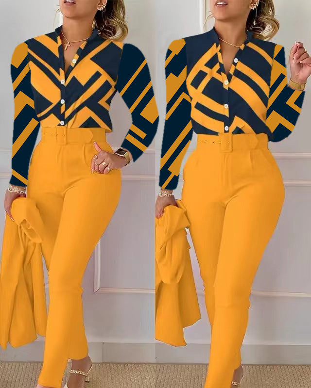 Floral/Geometric/Baroque/Colorblock Gradient Print Long Sleeve Blouse + Solid Color Pants w/ Belt 2-Piece Office Attire Set