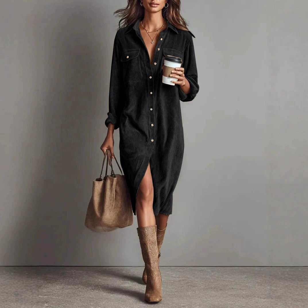 Double Pocket Design Turn-Down Collar Loose Button-Up Long Sleeve Office Midi Shirt Dress to 3X Plus Size