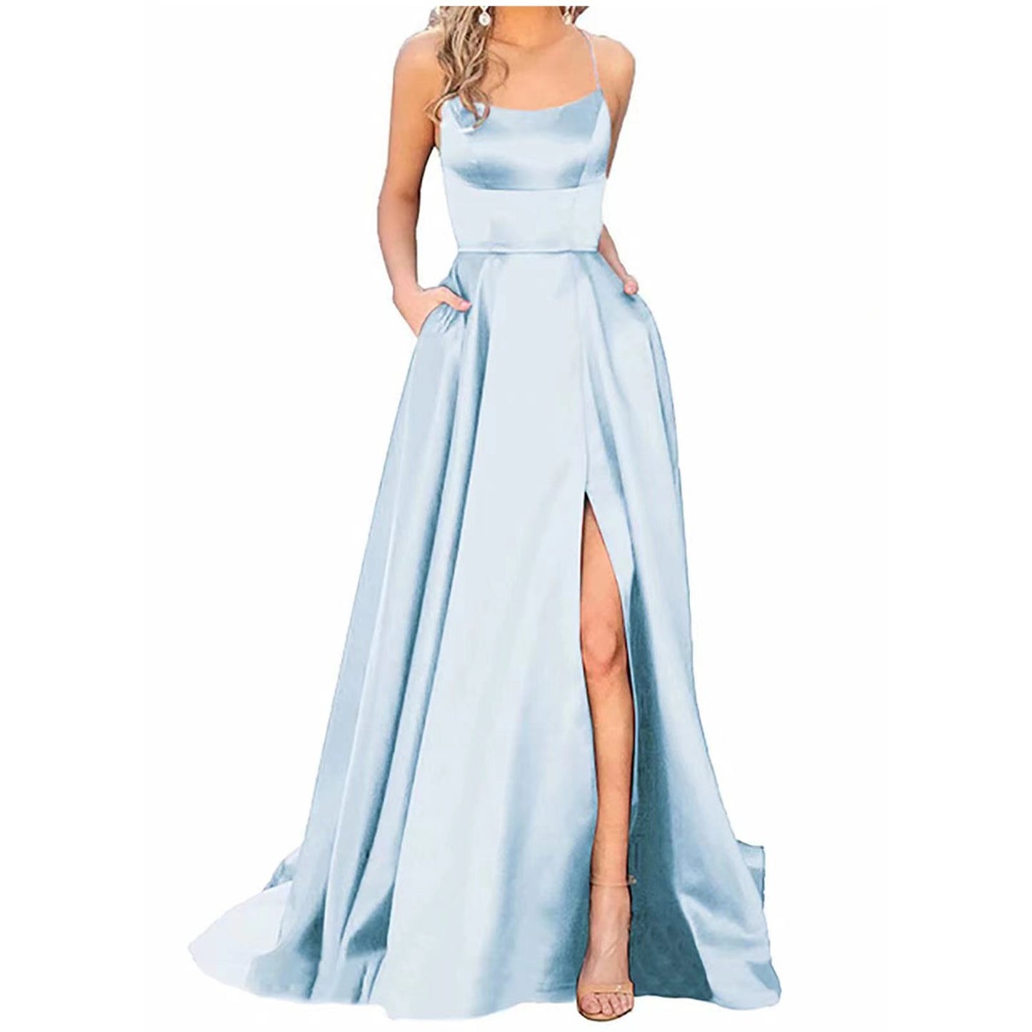 Silk Solid Color Halter Spaghetti Strap High Slit Bridesmaid/Party Formal Dress to 3X Plus Size