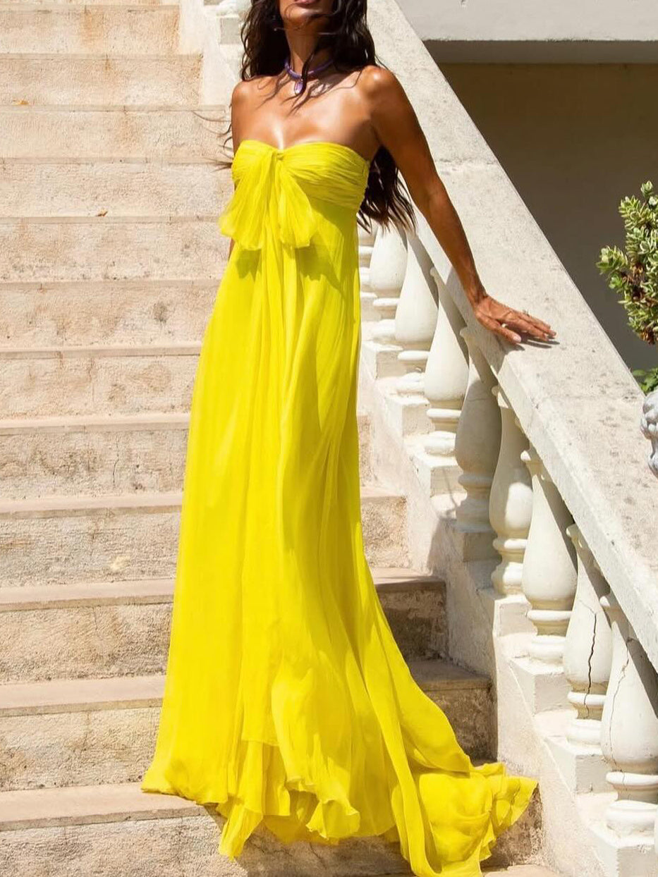 Yellow Sleeveless Strapless Bowknot Maxi Tube Dress