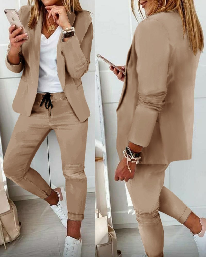Single Breasted Solid Color Blazer Jacket + Drawstring Pants Women's 2-Piece Office Suit to 3X Plus Size