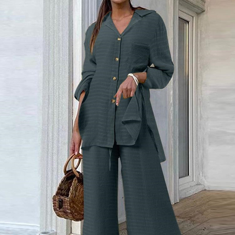 Leopard/Solid Turn-Down Collar Long Sleeve Button-Up Maxi Blouse + Wide Leg Pants Women's 2-Piece Office Set to 5X Plus Size
