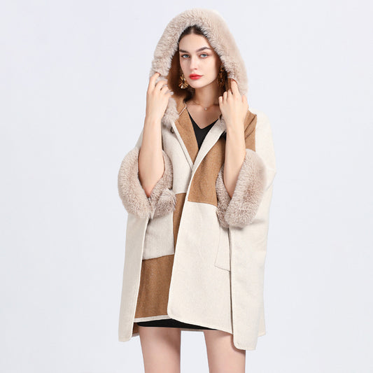Colorblock Women's Faux Fur Collar Hooded Shawl Cape Coat