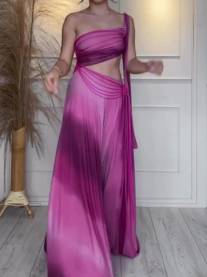 Purple Gradient Colorblock Hollow-Out Asymmetrical One Shoulder Formal Maxi Dress