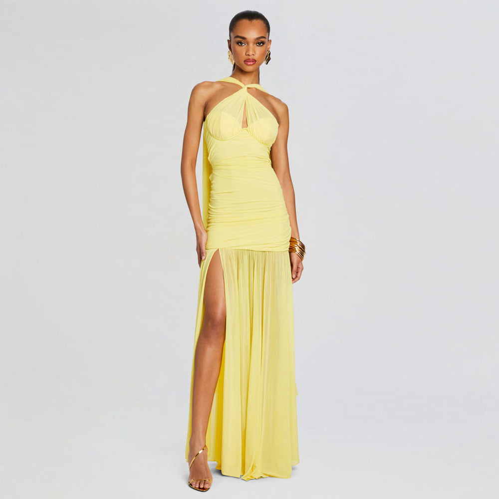 Yellow Mesh Transparent Ruched Halter High Slit Maxi Dress