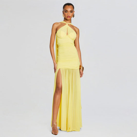 Yellow Mesh Transparent Ruched Halter High Slit Maxi Dress