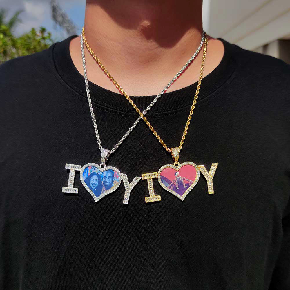 Customized Cubic Zirconia Letter Patchwork Heart Photo Pendant Chain Necklace