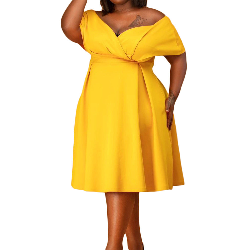 Deep V-Neck Back Bowknot Design Midi Flared Party Dress to 3X Plus Size