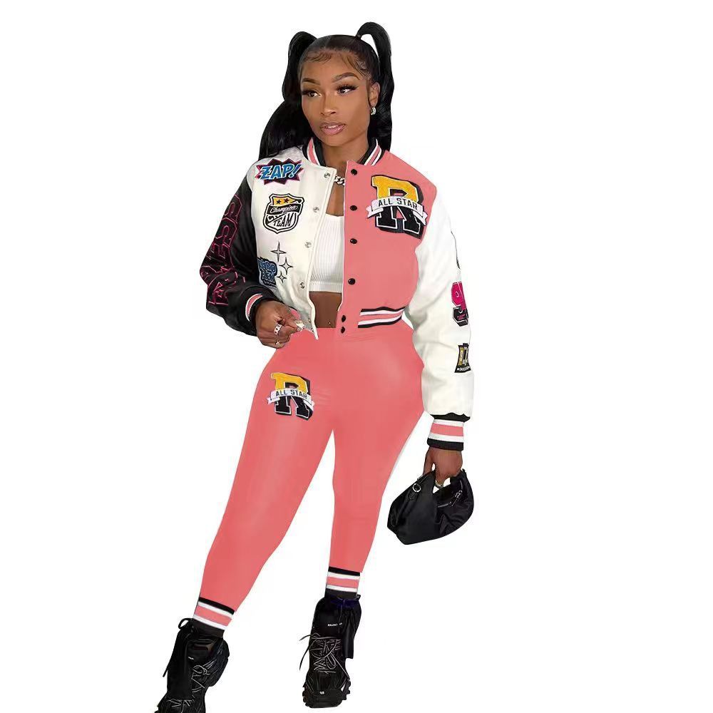 Colorblock Varsity Women's Hip-Hop Letterman's Baseball Bomber Jacket + Sweatpants 2-Piece Set