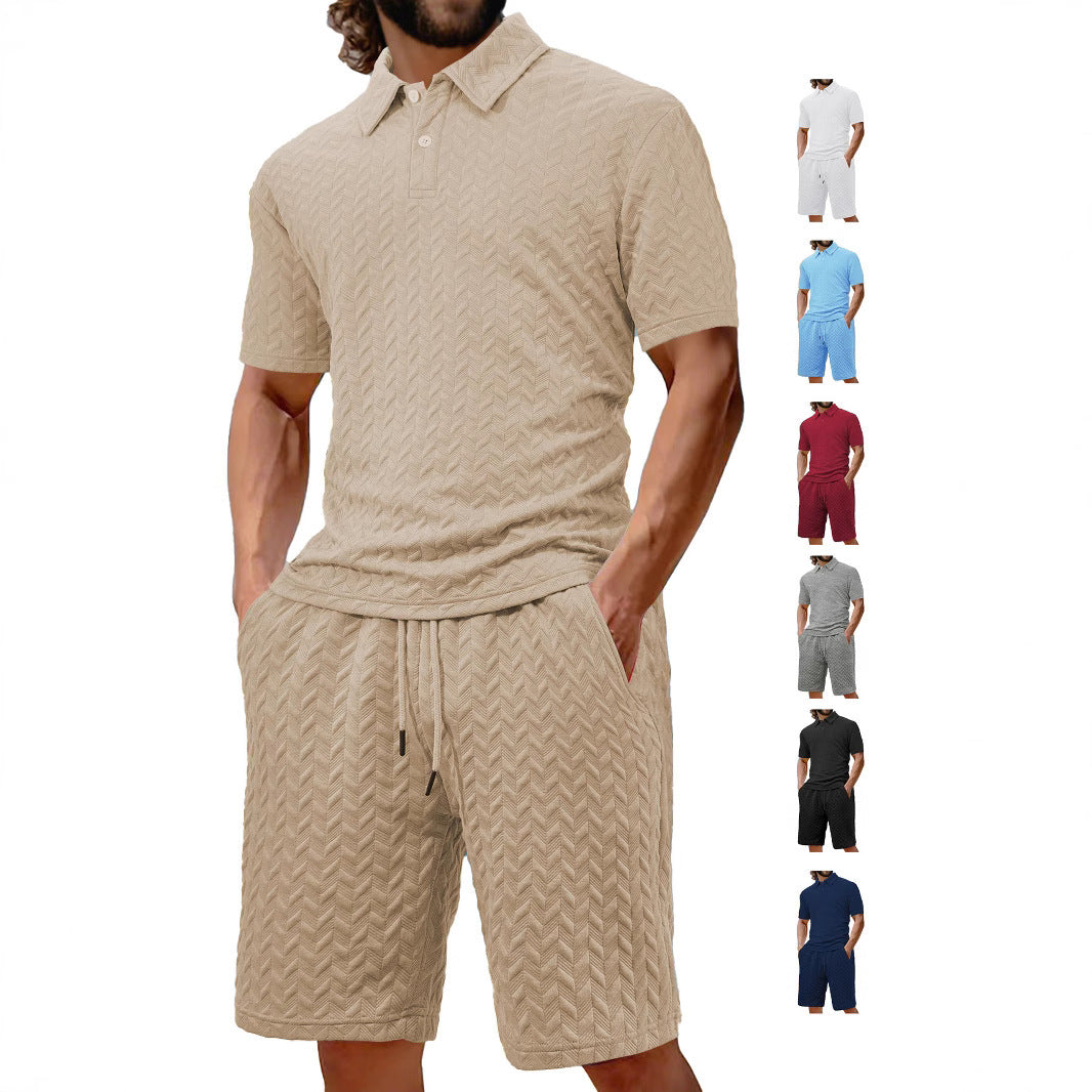 Men's Zigzag Knit Short Sleeve Turn-Down Collar Solid Color Polo Shirt + Shorts 2-Piece Set