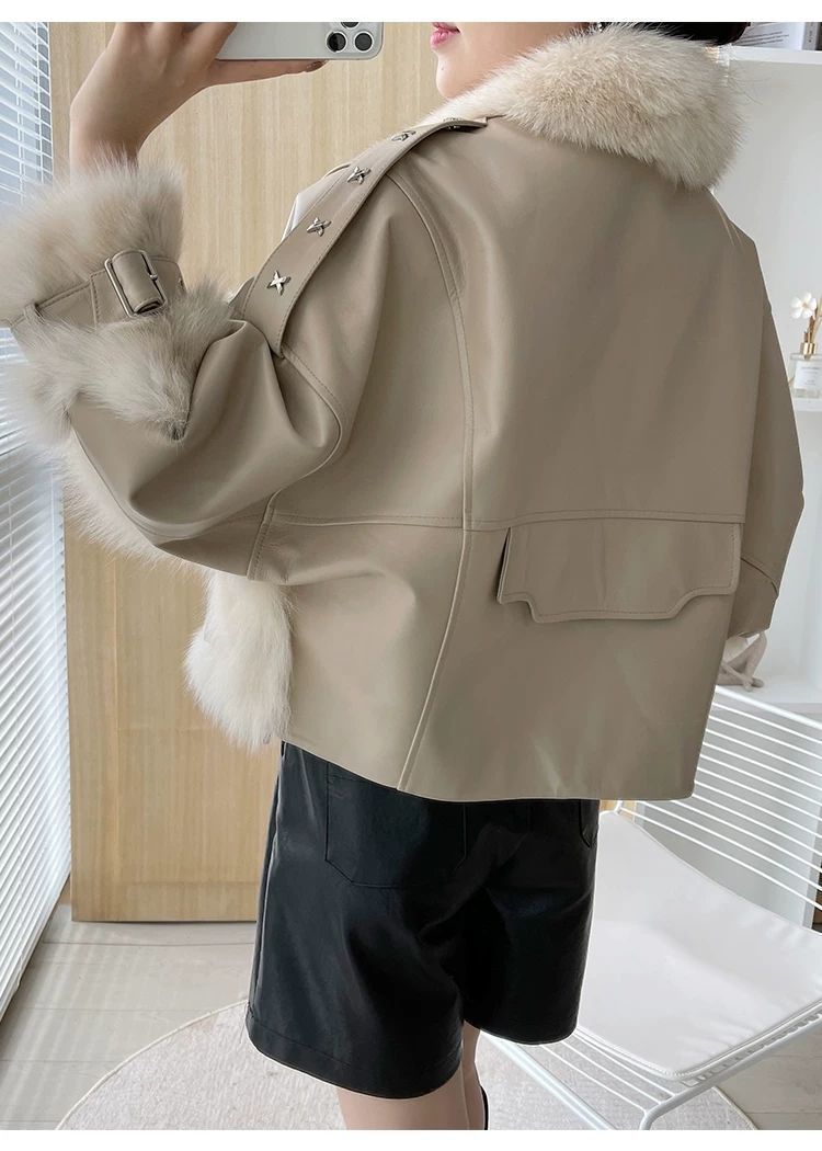 Vintage PU Leather Patchwork Colorblock Faux Fur Lined Stitched Women's Jacket
