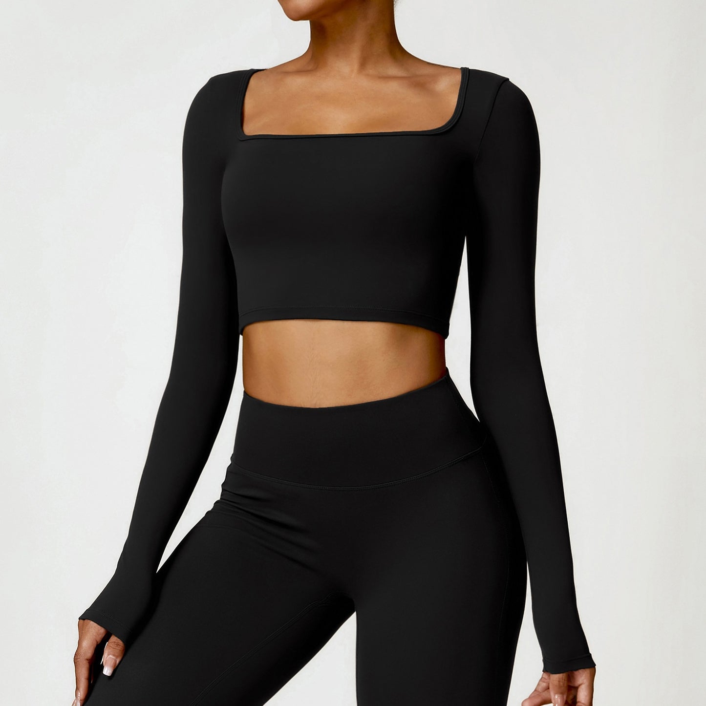 Fitness Long Sleeve Solid Color Workout Crop Top + Leggings Women's 2-Piece Gym Set