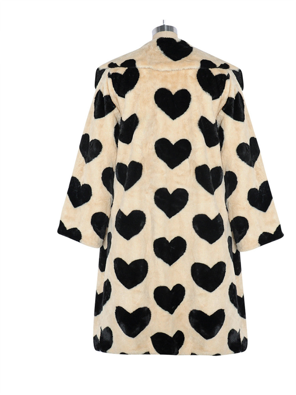 Faux Fur Khaki/Black Heart Print Women's Long Sleeve Turn-Down Collar Coat to 5X Plus Size
