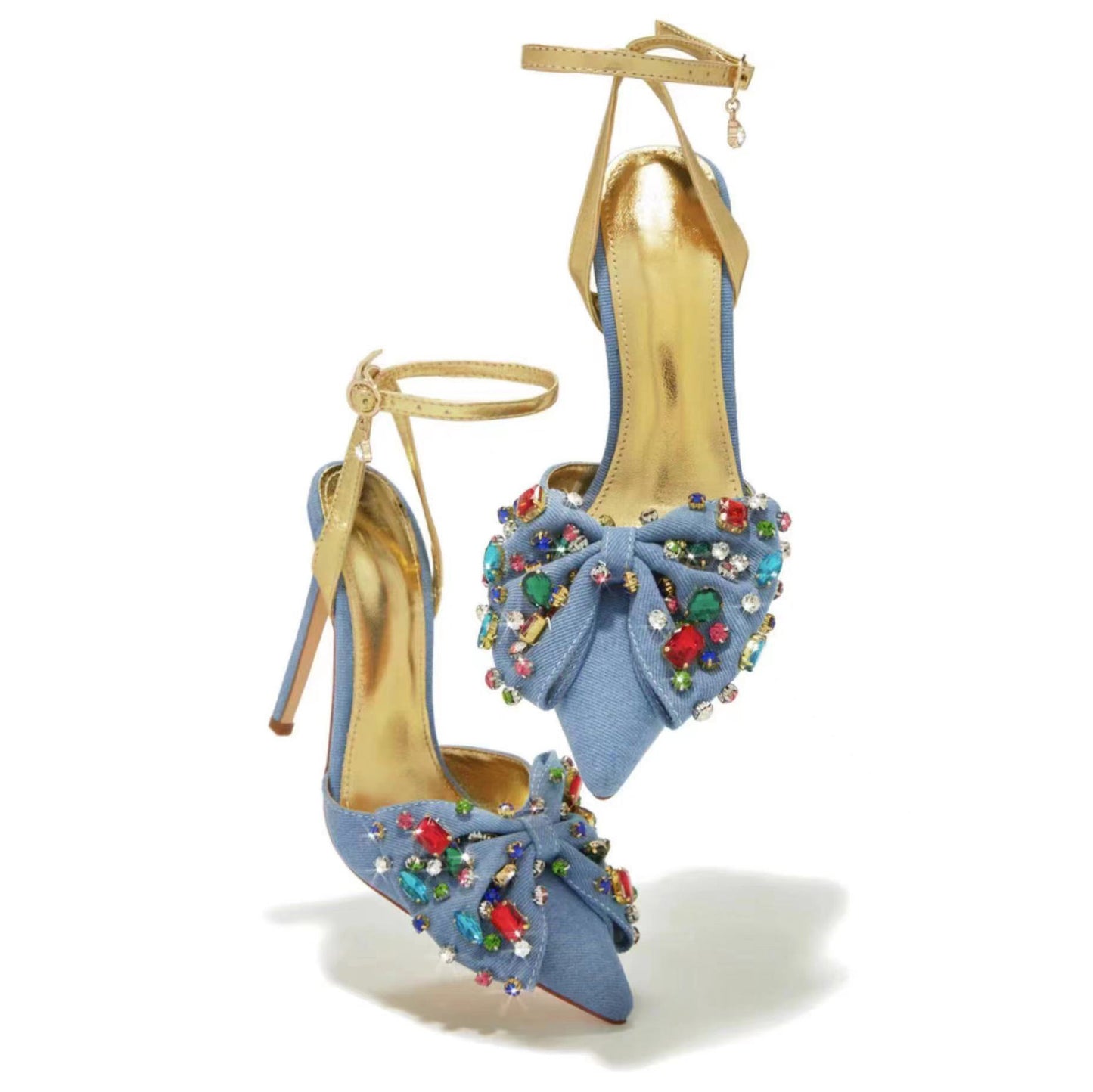 Denim Bow Rainbow Rhinestone Decor Women's Pointed Toe Closed Toe High Heel Slingback Mule Pumps
