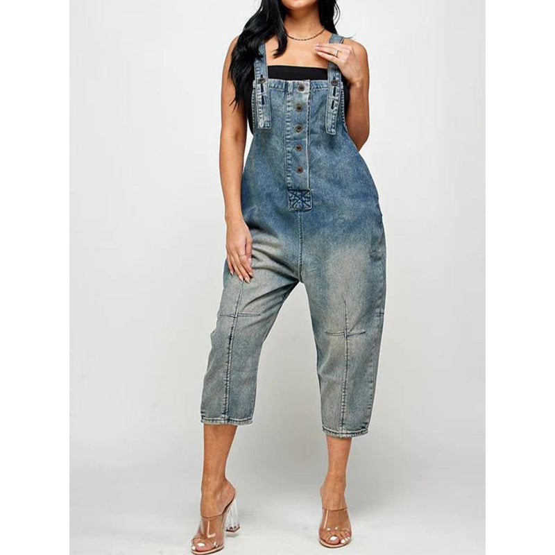 Denim Faded Colorblock Women's Button Front Overalls Jean Jumpsuit to 3X Plus Size