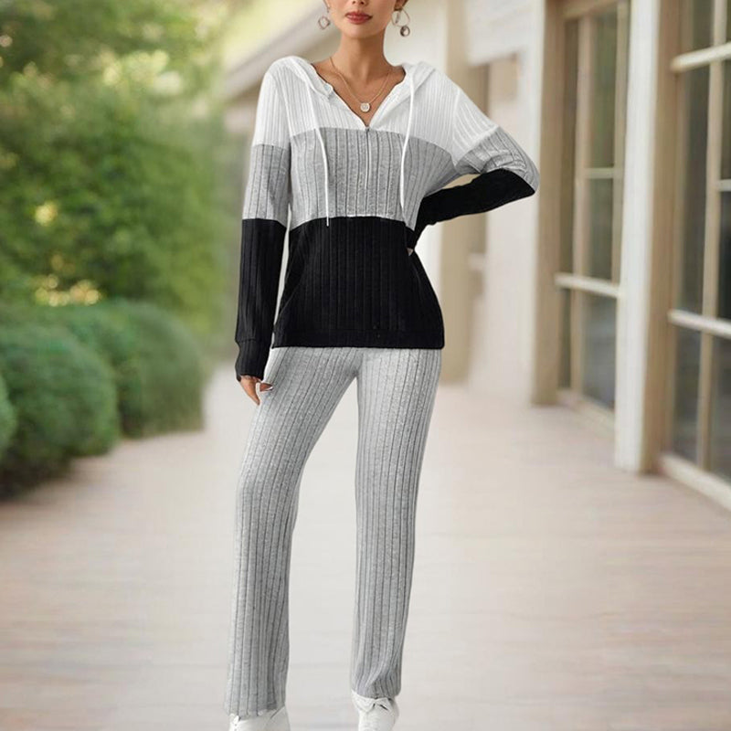 Knitted Ribbed Drawstring Striped Colorblock Long Sleeve Zipper Hoodie Sweatshirt + Wide Leg Sweatpants Women's Tracksuit