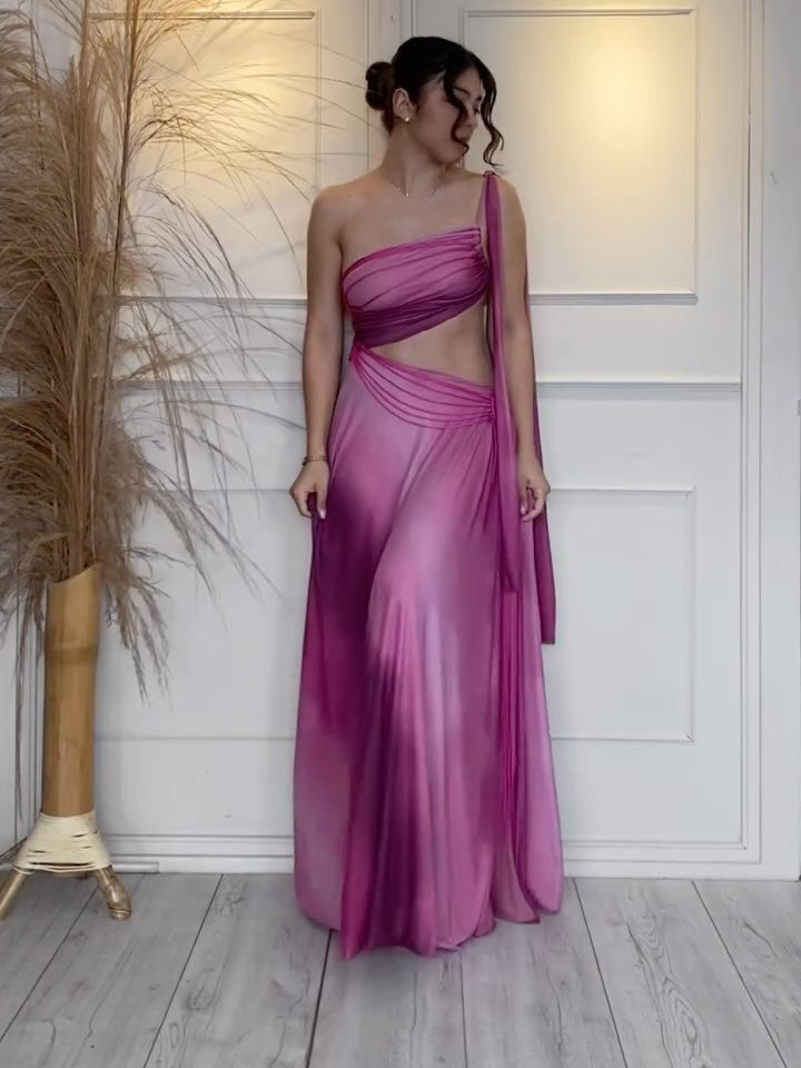 Purple Gradient Colorblock Hollow-Out Asymmetrical One Shoulder Formal Maxi Dress