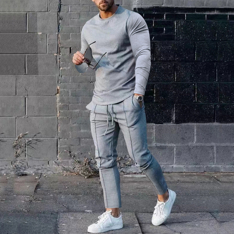 Men's Solid Color 3D Digital Print Long Sleeve O-Neck T-Shirt + Drawstring Pocketed Sweatpants 2-Piece Set