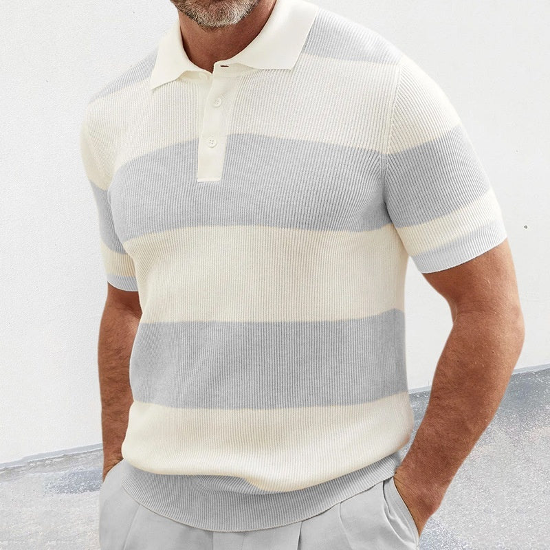 Men's Ribbed Knitted Striped Short Sleeve Turn-Down Collar Sweater Polo Shirt