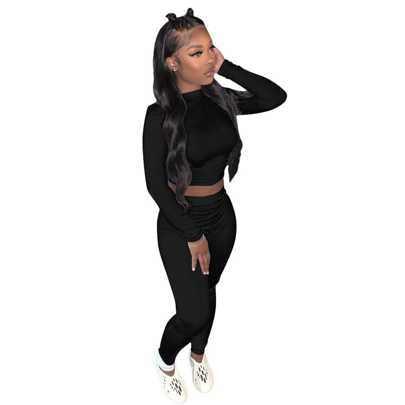 Long Sleeve Solid Color Women's Crop Top + Ruched Skin Tight Leggings 2-Piece Fitness Tracksuit