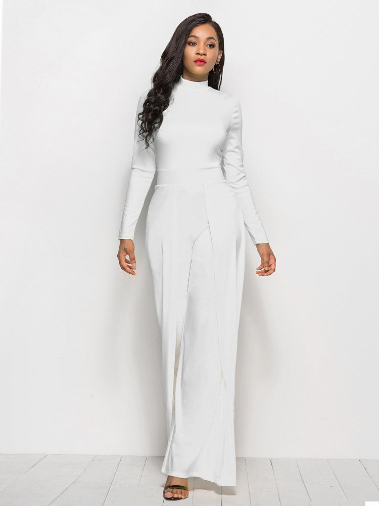 O-Neck Solid Color Long Sleeve Women's Wide Leg Jumpsuit