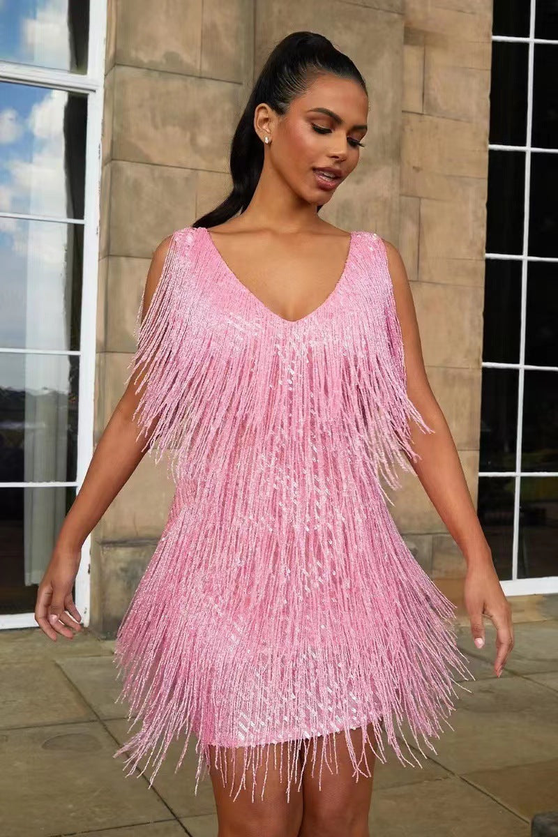 Shaggy Tassel Fringe Design Sleeveless Deep V-Neck Mini Formal Party Dress to 5X Plus Size