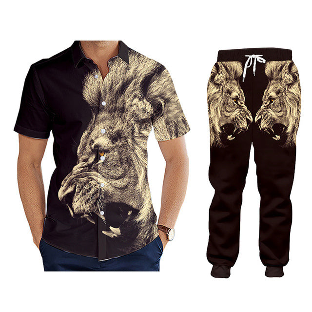 Men's Colorblock 3D Lion Print Hoodie Sweatshirt/Turn-Down Collar Short Sleeve Polo Shirt/T-Shirt/O-Neck Sweatshirt + Drawstring Jogger Sweatpants Tracksuit