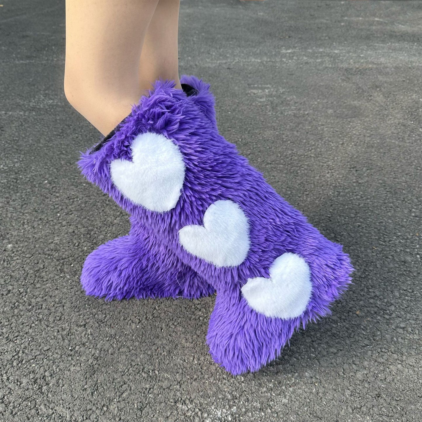 Faux Fur Heart Embroidered Fleece Lined Flat Waterproof Women's Snow Boots