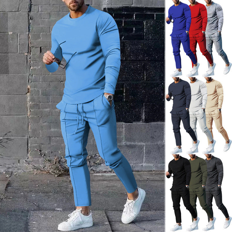 Men's Solid Color 3D Digital Print Long Sleeve O-Neck T-Shirt + Drawstring Pocketed Sweatpants 2-Piece Set