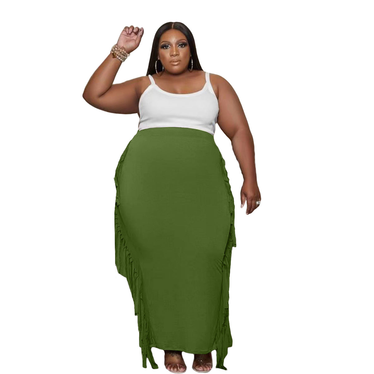 Tassel Fringe Design Solid Color Elastic Waist Maxi Skirt to 5X Plus Size