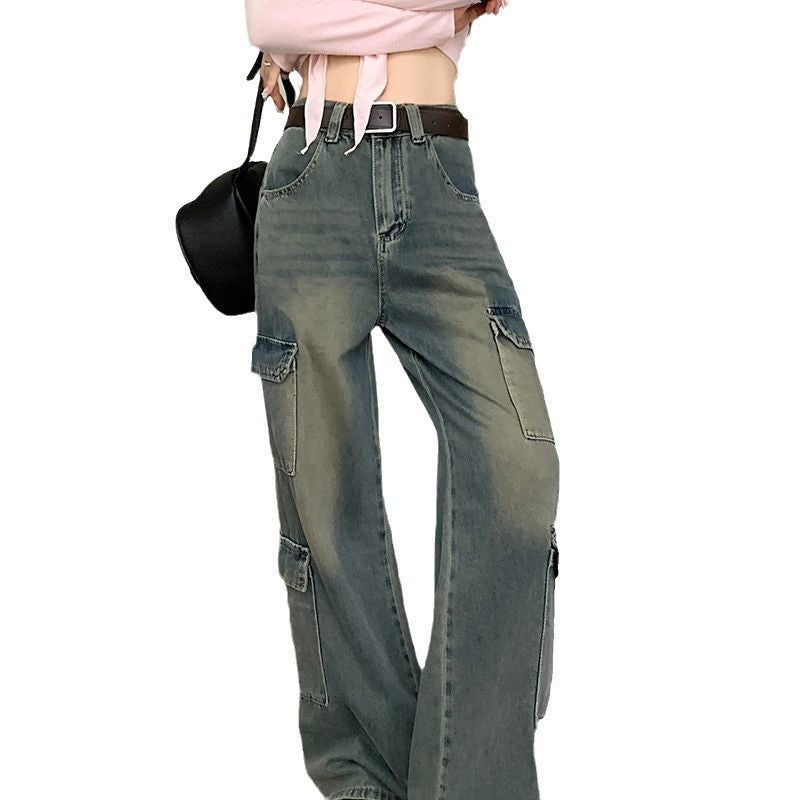 Denim Loose Multi-Pocketed Faded Gradient Washed Women's Retro Cargo Jeans