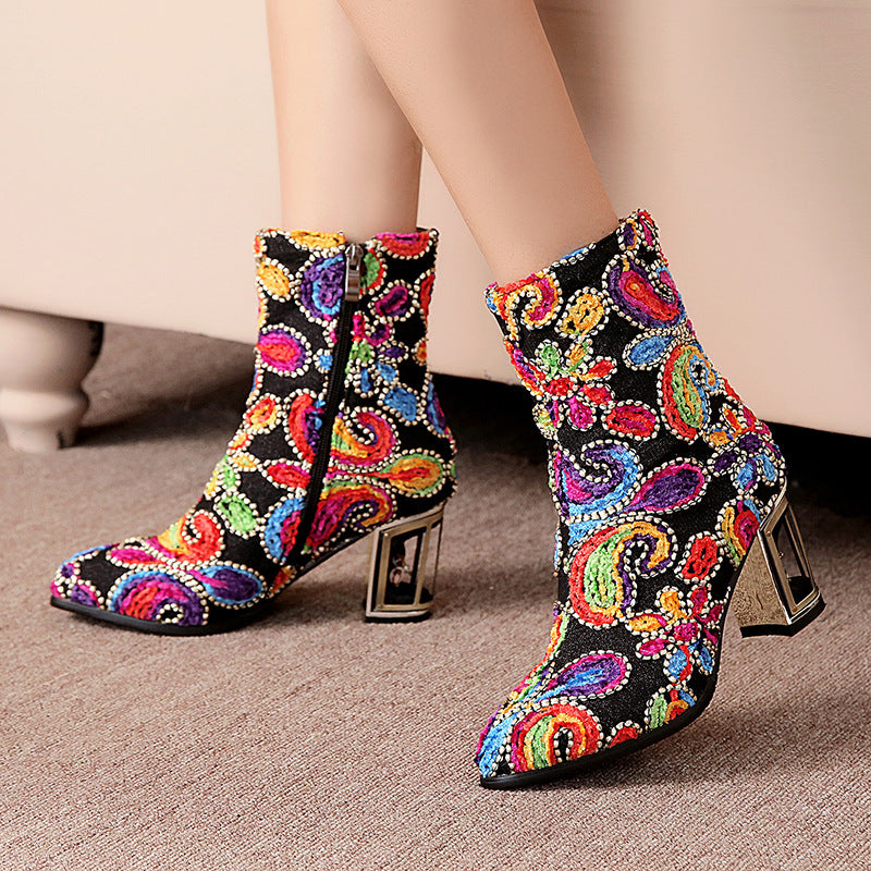 Paisley Floral Print Leather Women's Pointed Toe Metal Platform Heel Ankle Boots