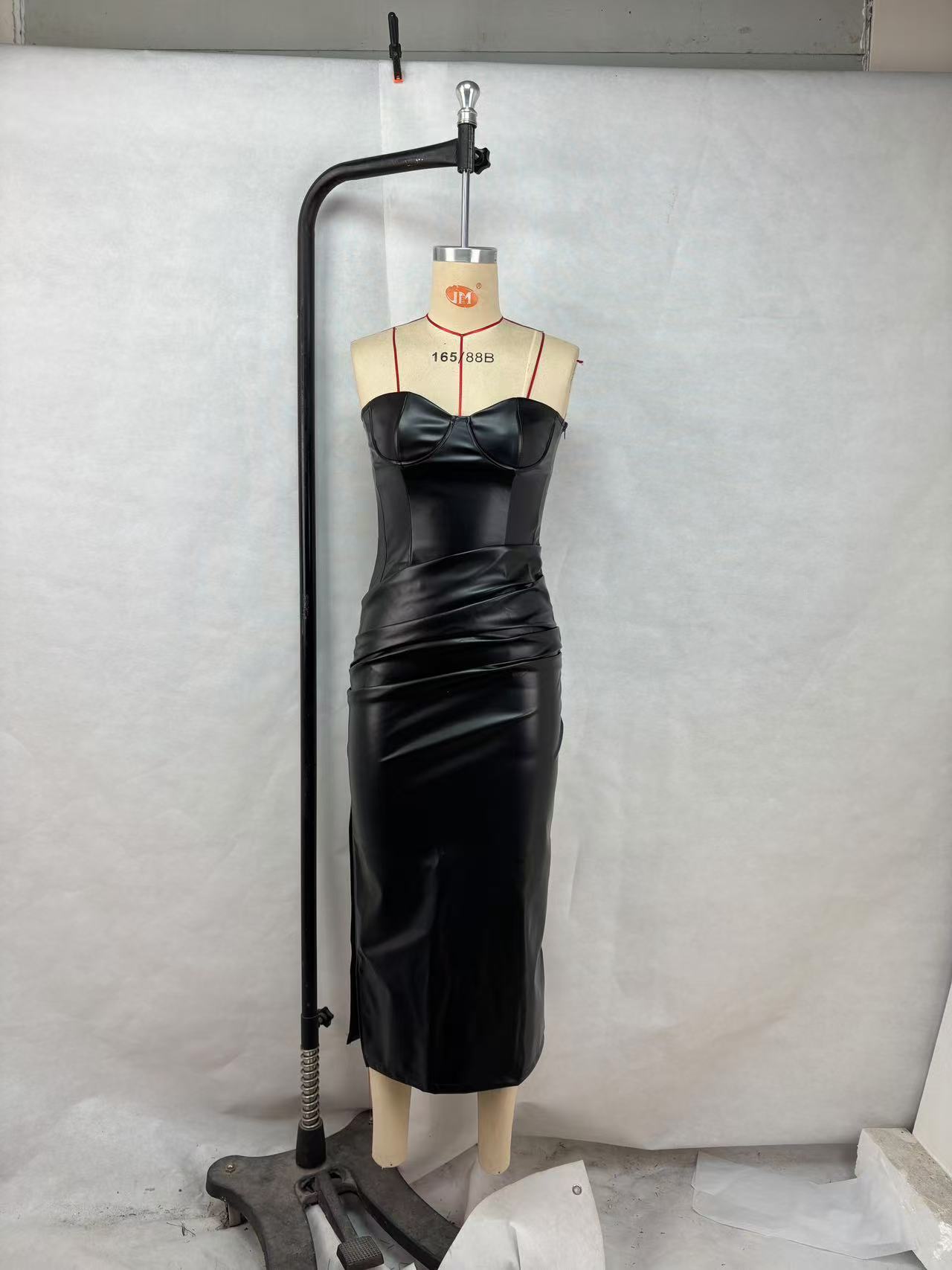 Burgundy/Black PU Leather Sleeveless Tube Maxi Dress