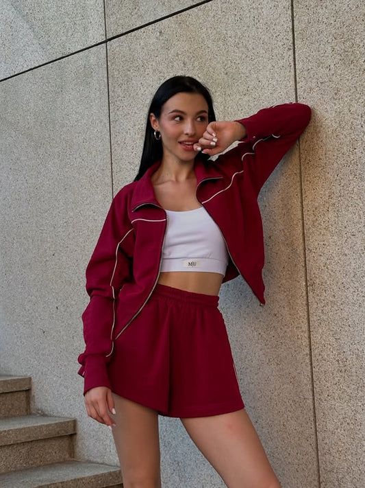 Striped Women's Zipper Sport Jacket + Elastic Shorts Two-Piece Set