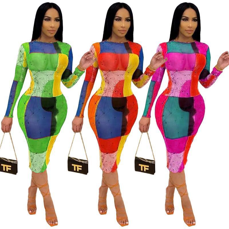 Geometric Colorblock Digital Print Long Sleeve Bodycon Midi Dress
