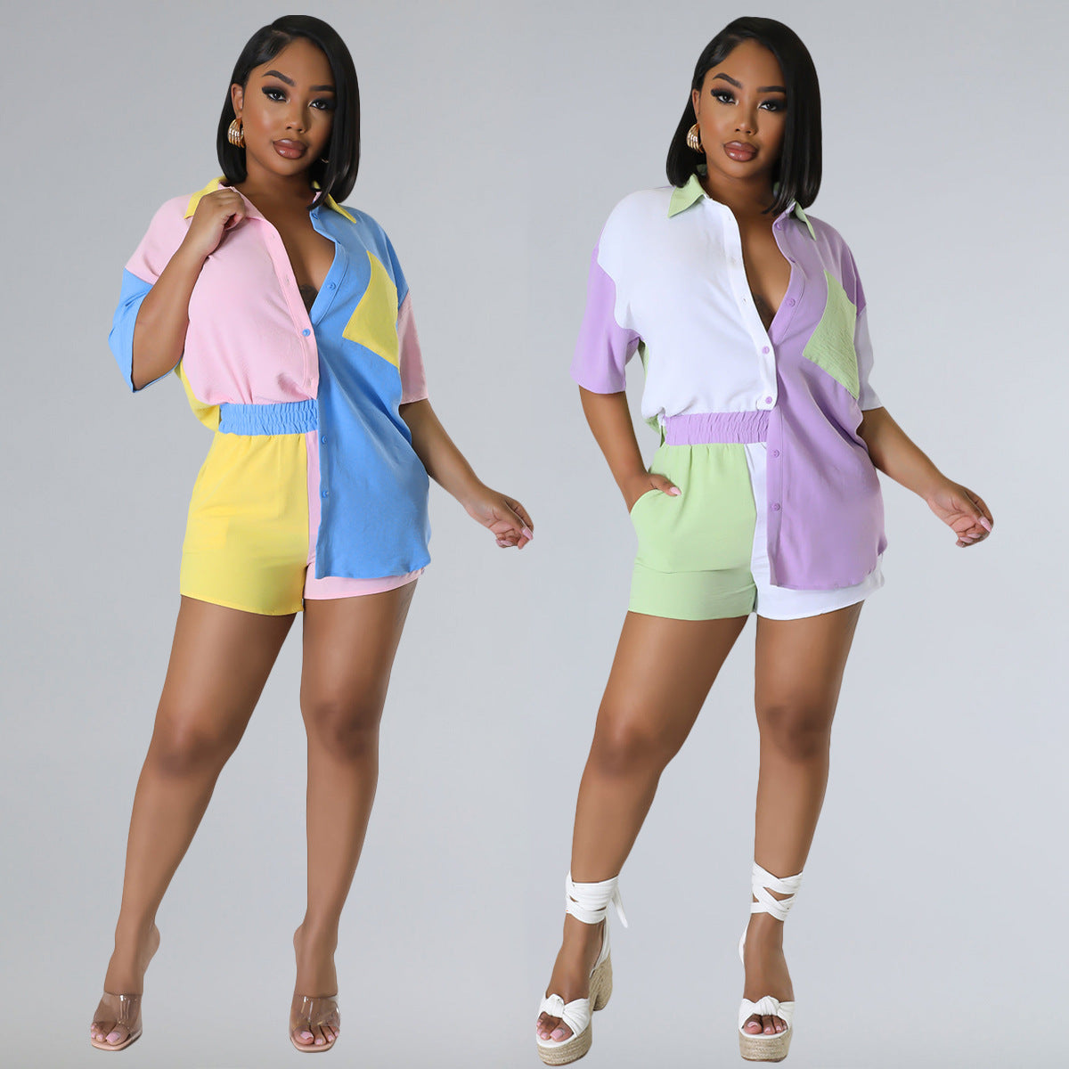 Colorblock Short Sleeve Button-Up Women's Blouse + Shorts 2-Piece Set