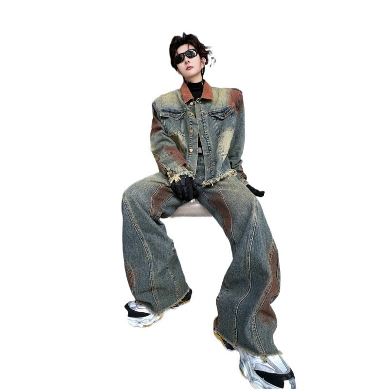 Men's Faded Denim Colorblock Jean Jacket + Wide Leg Loose Jeans Set