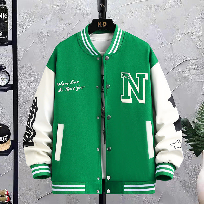 Men's Colorblock Letter Print Loose Button-Up O-Neck Hip-Hop Baseball Varsity Bomber Letterman's Jacket