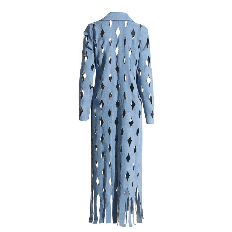 Denim Streetwear Hollow-out Twisted Tassel Fringe Detail Women's Jean Trenchcoat