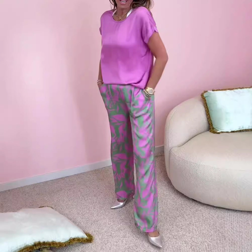 O-Neck Short Sleeve Women's Solid Color T-Shirt + Tie-Dye Trouser Pants 2-Piece Set