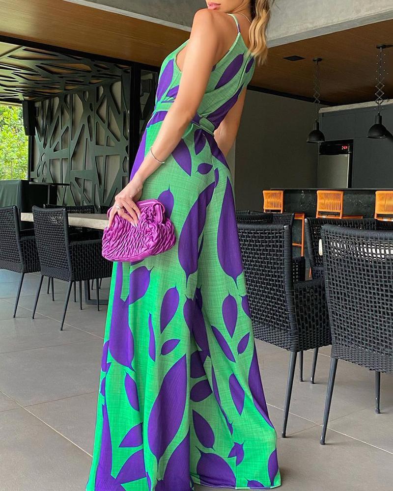 Sleeveless Green/Purple Leaf Print Casual Lace-Up Women's Wide Leg Jumpsuit