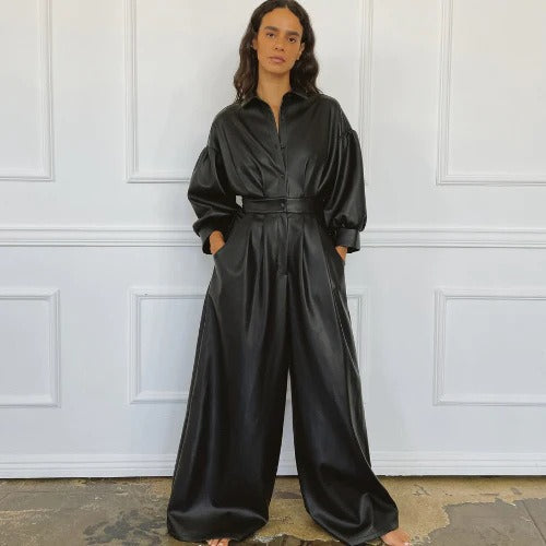 Black Retro Loose PU Leather Button-Up Long Puff Sleeve Women's Pocketed Wide Leg Jumpsuit