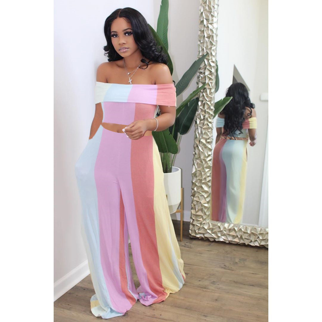 Pastel Striped Colorblock Women's Off-the-Shoulder Crop Top + Wide Leg Loose Leggings 2-Piece Set to 4X Plus Size