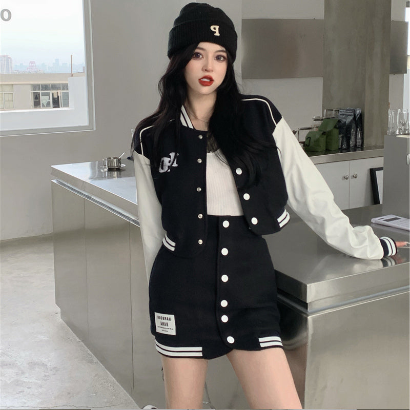 Black/White Button-Up Long Sleeve Striped Colorblock Cropped Varsity Baseball Bomber Jacket + Mini Skirt Women's 2-Piece Set to 4X Plus Size *SOLD AS SEPARATES*