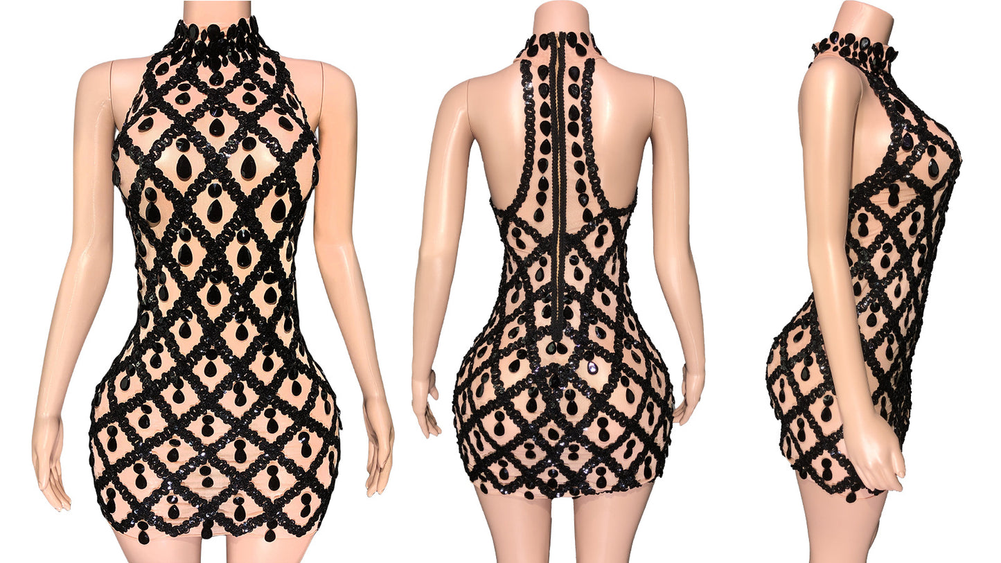 Diamond Sequin Mesh Geometric Hollow-Out Design Sleeveless Mini Zipper Back Formal Mini Dress